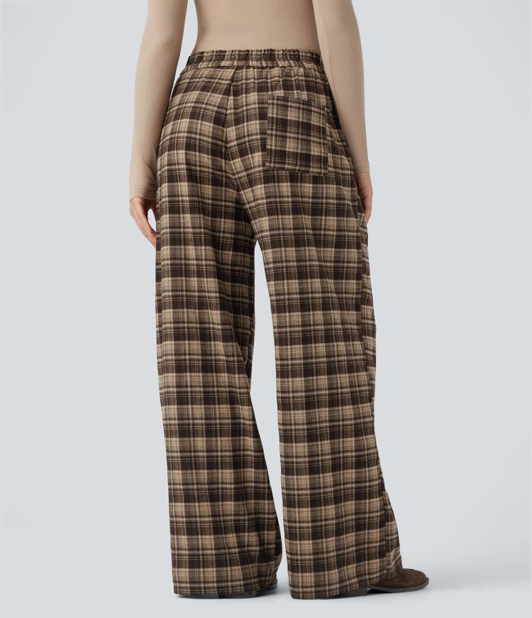 High Waisted Plaid Wide Leg Casual Pants with Pockets