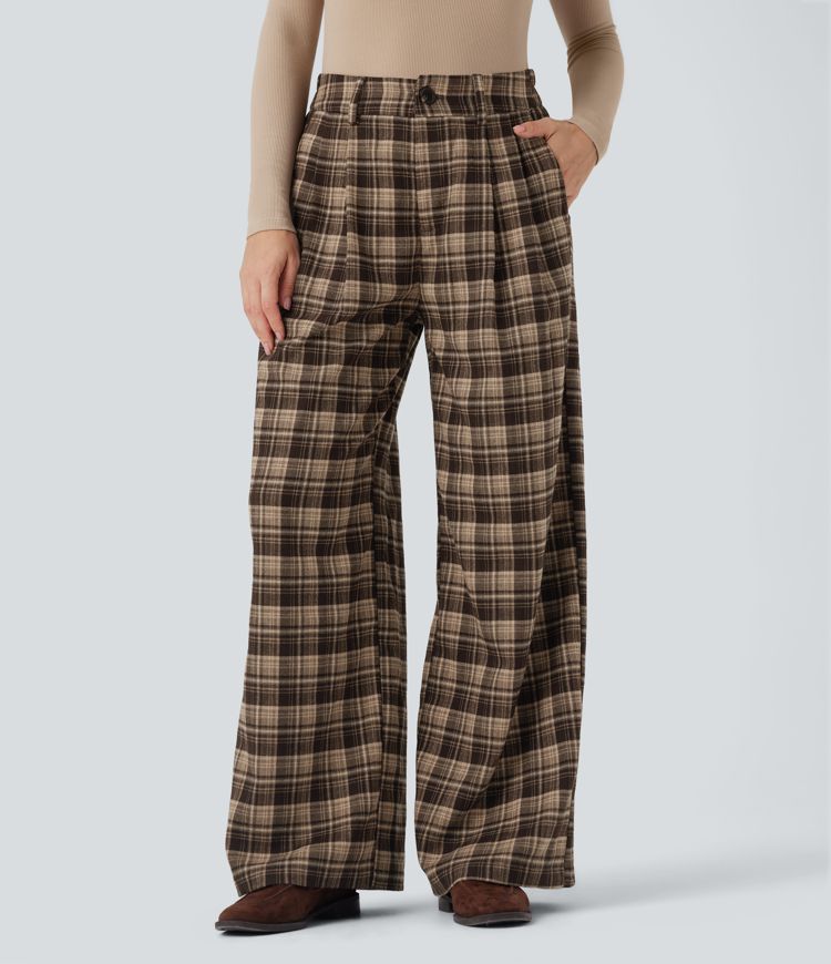 High Waisted Plaid Wide Leg Casual Pants with Pockets
