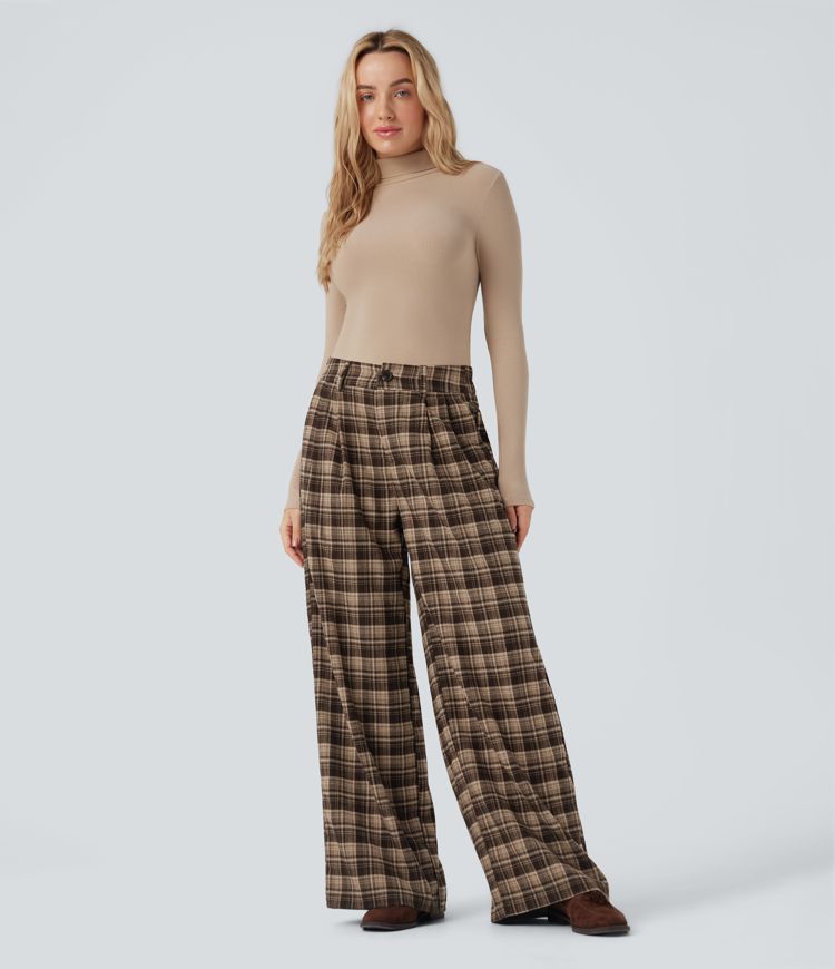 High Waisted Plaid Wide Leg Casual Pants with Pockets