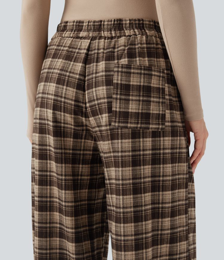 High Waisted Plaid Wide Leg Casual Pants with Pockets