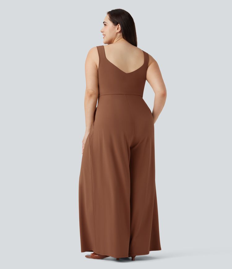 U Back Sleeveless Casual Plus Size Jumpsuit with Pockets