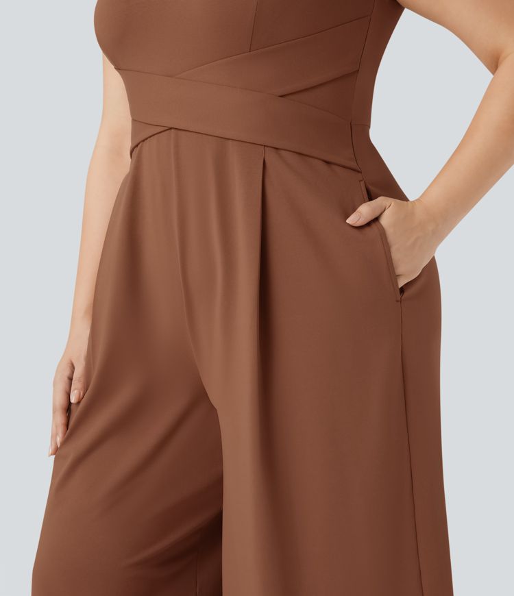 U Back Sleeveless Casual Plus Size Jumpsuit with Pockets