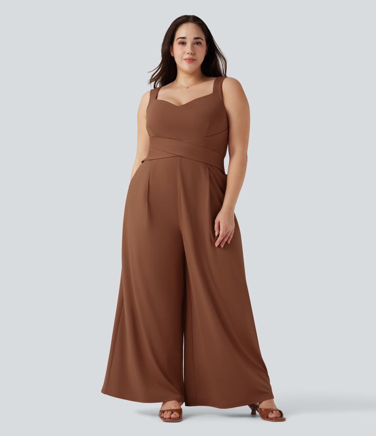 U Back Sleeveless Casual Plus Size Jumpsuit with Pockets