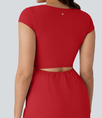 SoftlyZero™ Mono de Yoga con Escote U, Manga Corta, Bolsillo, Tacto Fresco - Fácil y Cómodo