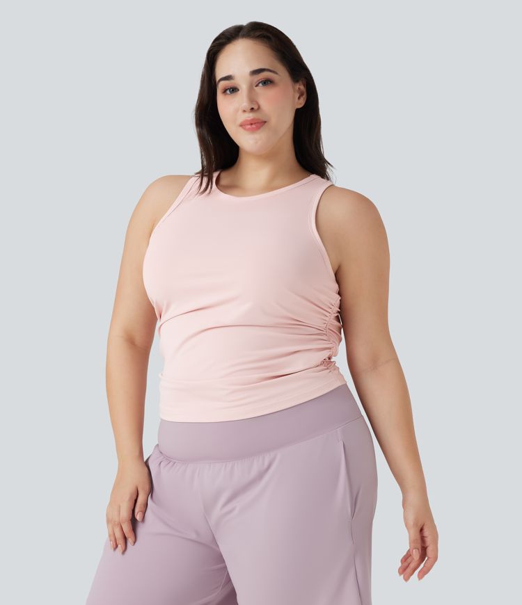 Plus Size Round Neck Racerback Ruched Yoga Tank Top