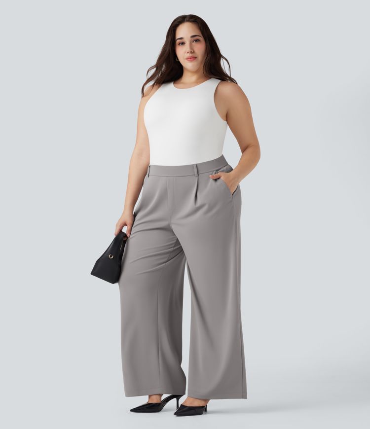 Halara Flex™ High Waisted Straight Leg Crepe Work Plus Size Trousers with Pockets