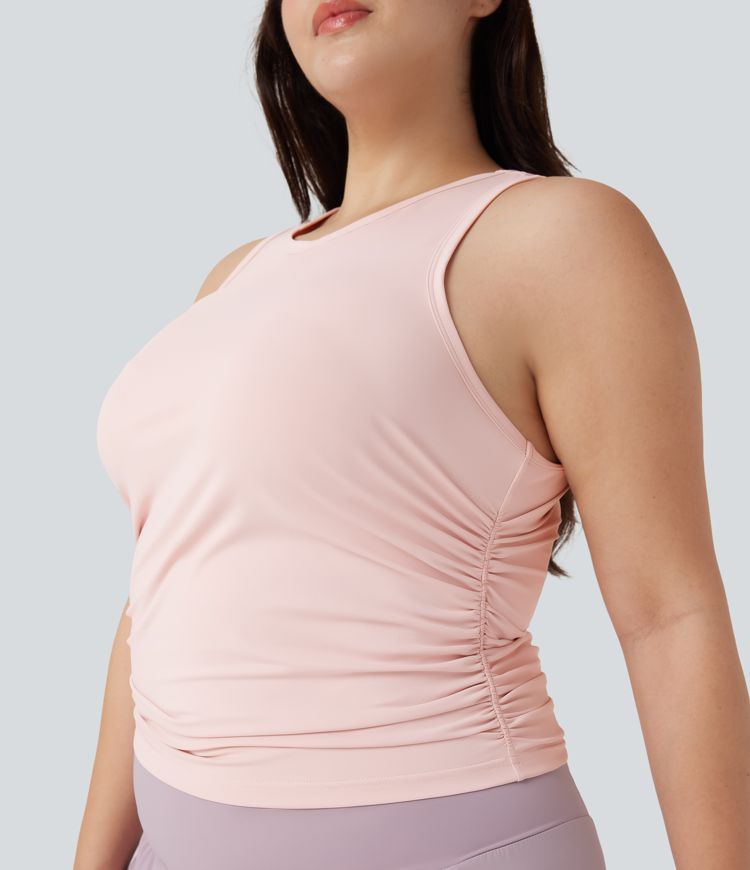 Plus Size Round Neck Racerback Ruched Yoga Tank Top