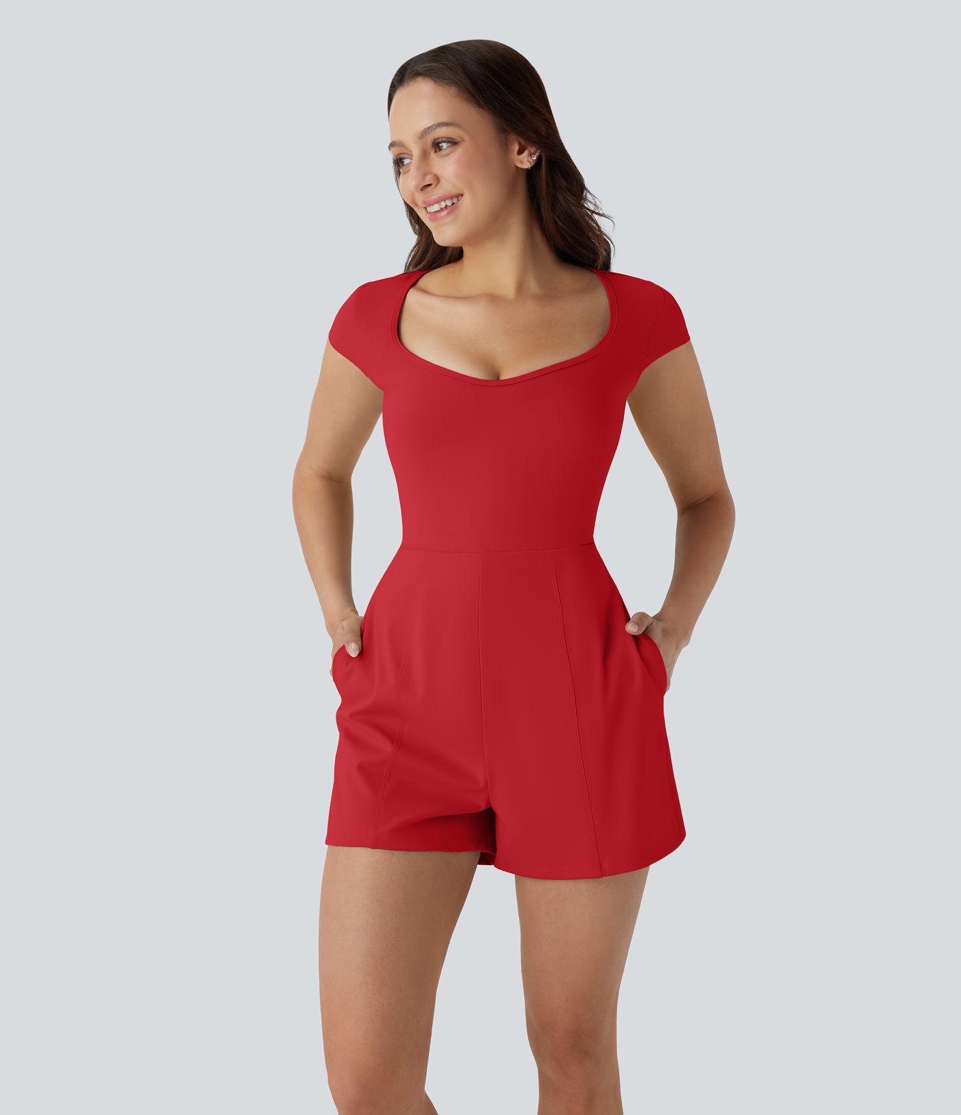 SoftlyZero™ Mono de Yoga con Escote U, Manga Corta, Bolsillo, Tacto Fresco - Fácil y Cómodo