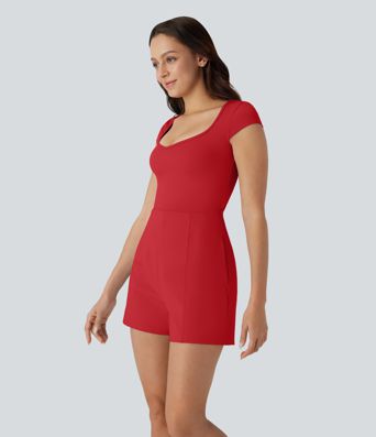 SoftlyZero™ Mono de Yoga con Escote U, Manga Corta, Bolsillo, Tacto Fresco - Fácil y Cómodo