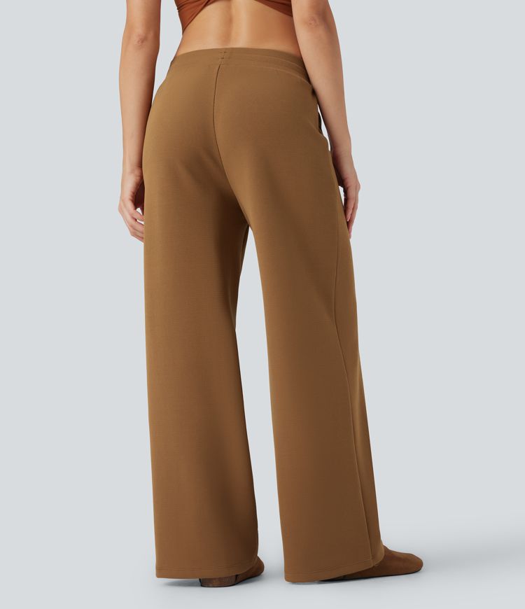 Mid Rise Drawstring Micro Waffle Baggy Casual Trousers with Pockets