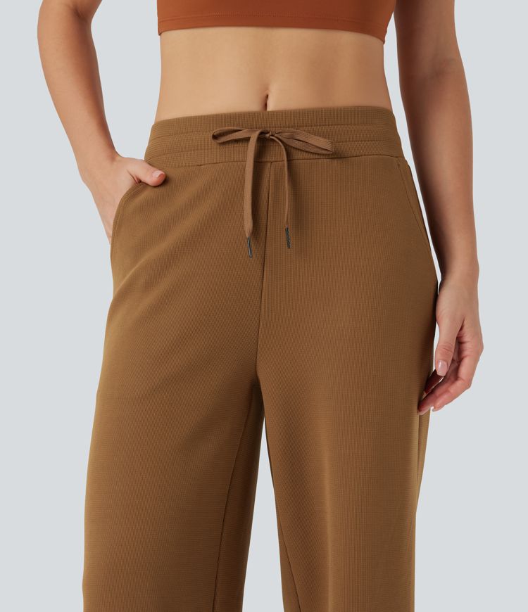 Mid Rise Drawstring Micro Waffle Baggy Casual Trousers with Pockets