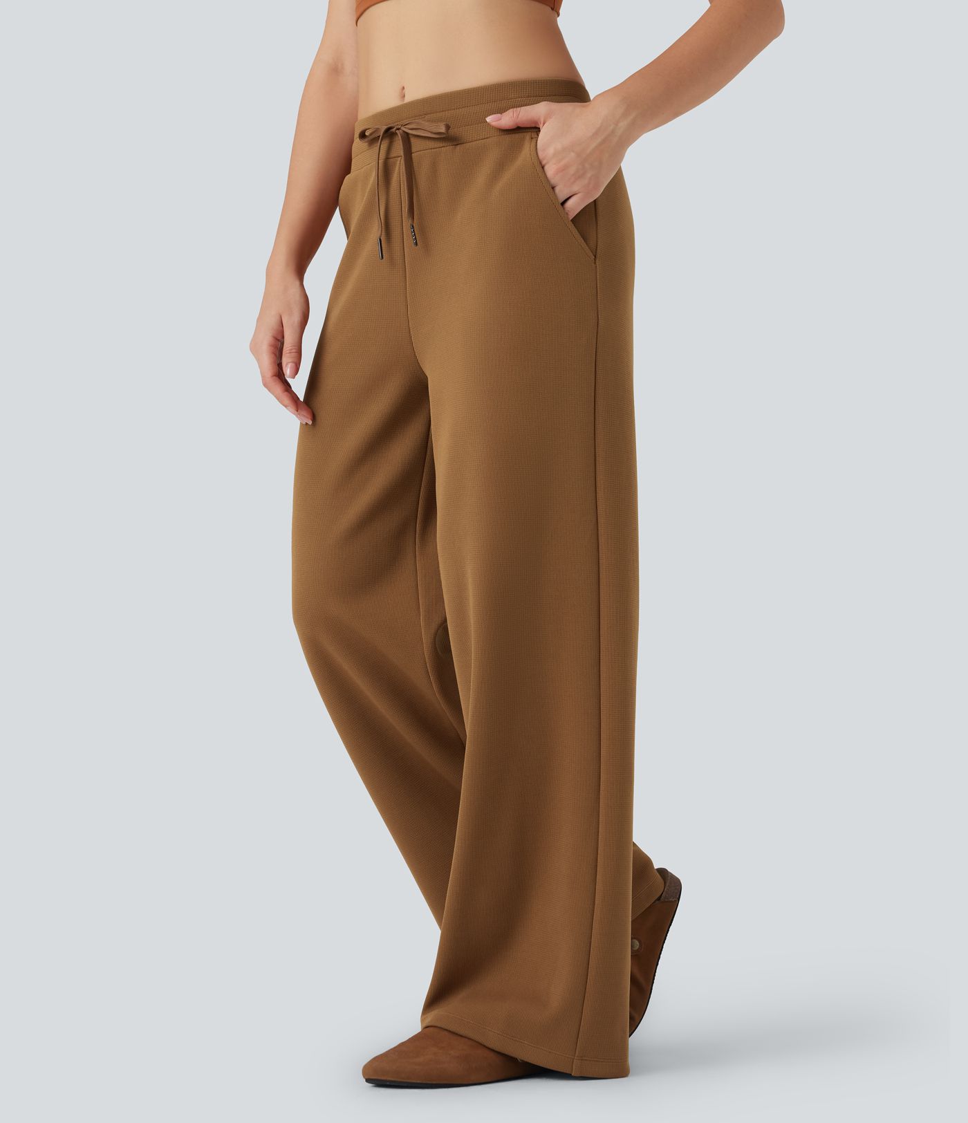 Mid Rise Drawstring Micro Waffle Baggy Casual Trousers with Pockets