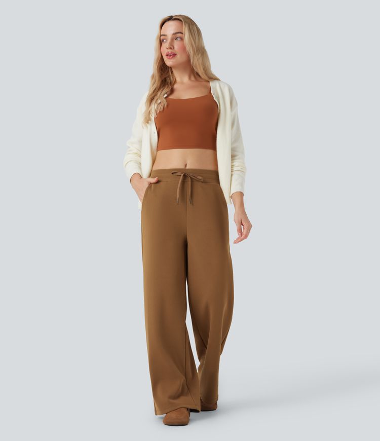 Mid Rise Drawstring Micro Waffle Baggy Casual Trousers with Pockets