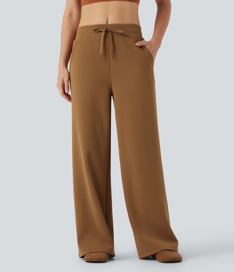 Mid Rise Drawstring Micro Waffle Baggy Casual Pants with Pockets