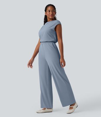 SoftlyZero™ Airy Cowl Neck Cap Sleeve Straight Leg Cool Touch Casual Jumpsuit with Pockets