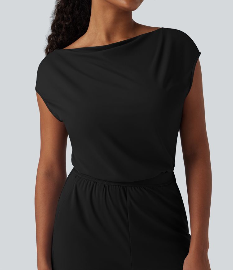 SoftlyZero™ Mono Casual Recto con Cuello Vuelto, Manga Corta, Bolsillos y Tejido Fresco