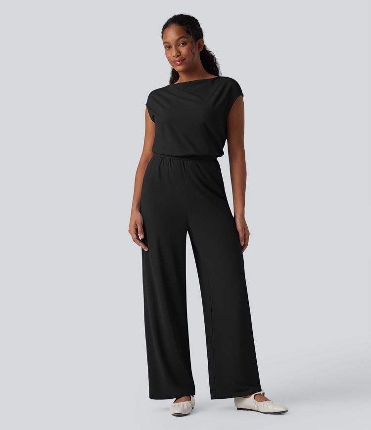 SoftlyZero™ Airy Cowl Neck Cap Sleeve Straight Leg Cool Touch Casual Jumpsuit with Pockets