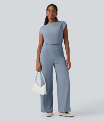 SoftlyZero™ Airy Cowl Neck Cap Sleeve Straight Leg Cool Touch Casual Jumpsuit with Pockets