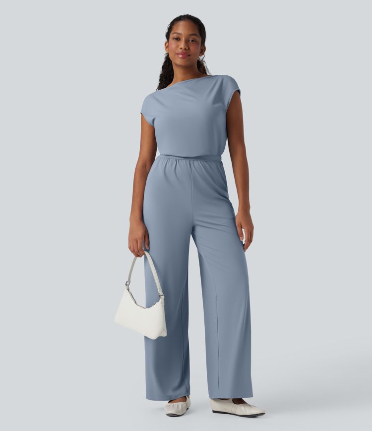 SoftlyZero™ Airy Cowl Neck Cap Sleeve Straight Leg Cool Touch Casual Jumpsuit with Pockets