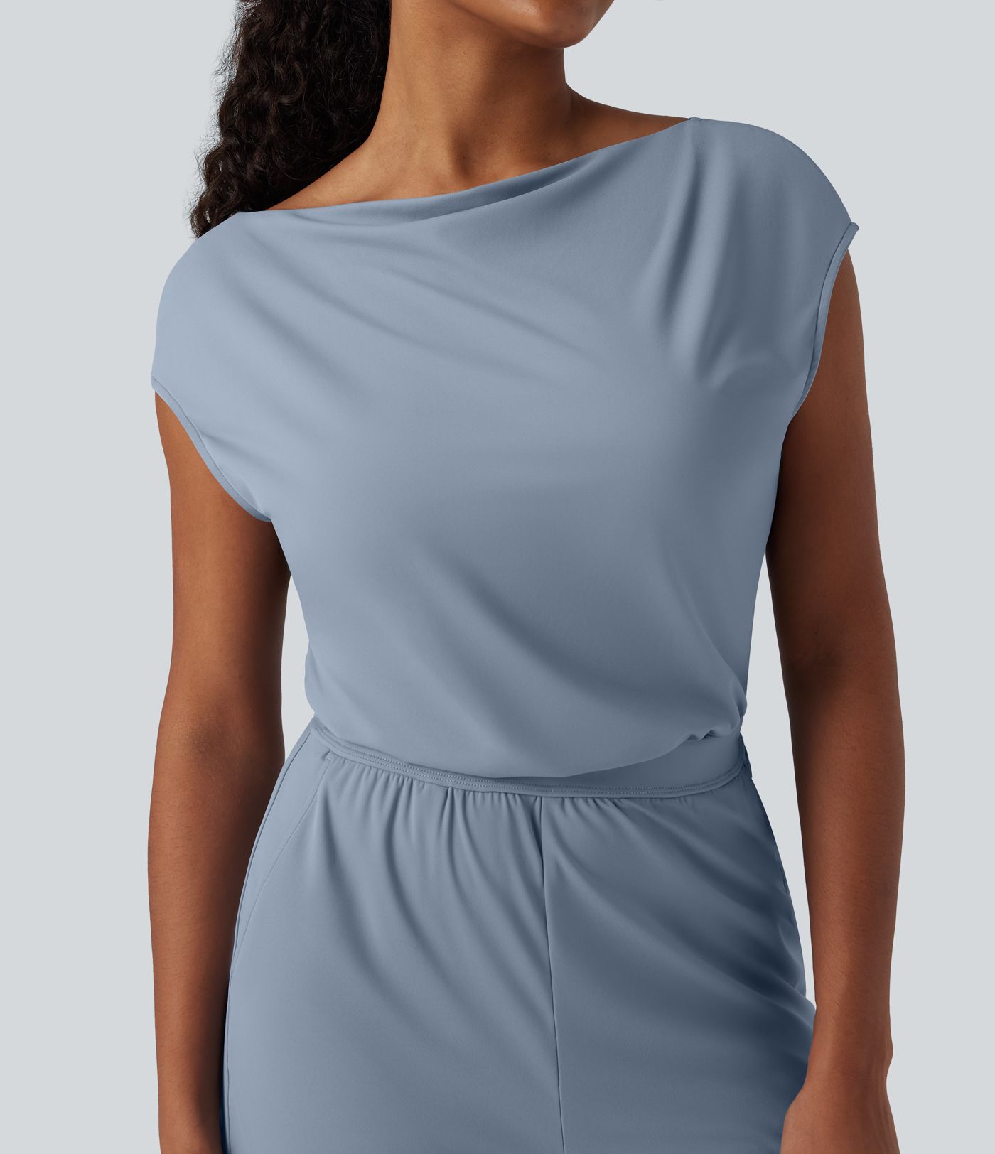 SoftlyZero™ Airy Cowl Neck Cap Sleeve Straight Leg Cool Touch Casual Jumpsuit with Pockets