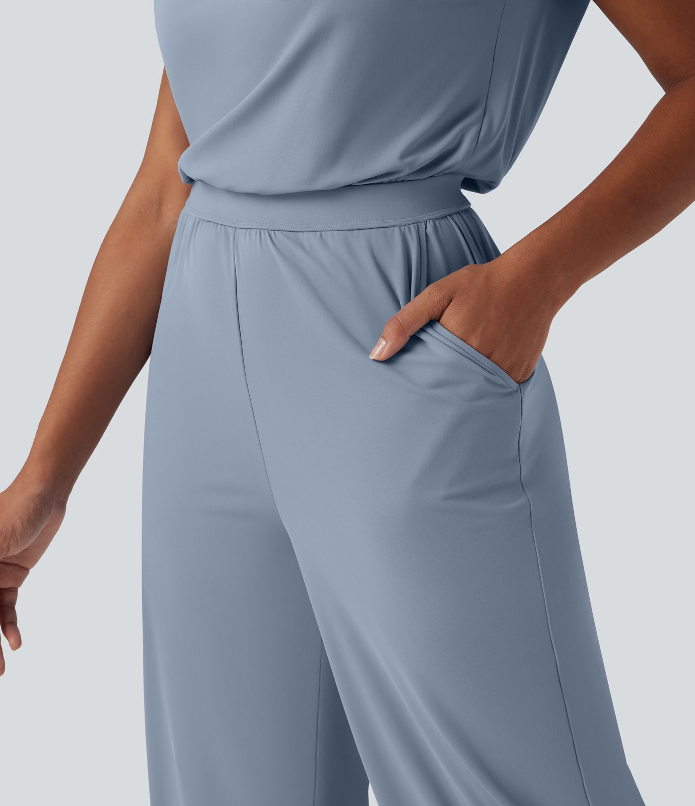 SoftlyZero™ Airy Cowl Neck Cap Sleeve Straight Leg Cool Touch Casual Jumpsuit with Pockets