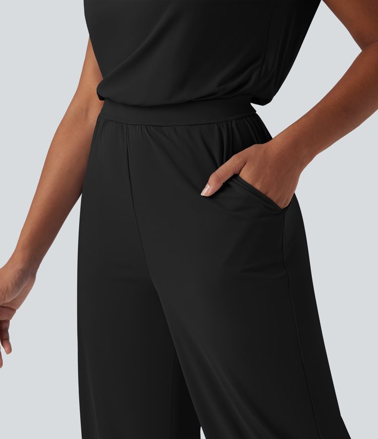 SoftlyZero™ Mono Casual Recto con Cuello Vuelto, Manga Corta, Bolsillos y Tejido Fresco