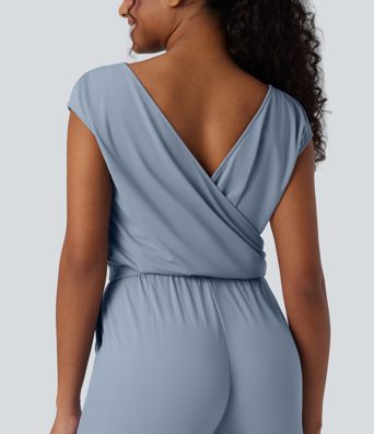 SoftlyZero™ Airy Cowl Neck Cap Sleeve Straight Leg Cool Touch Casual Jumpsuit with Pockets