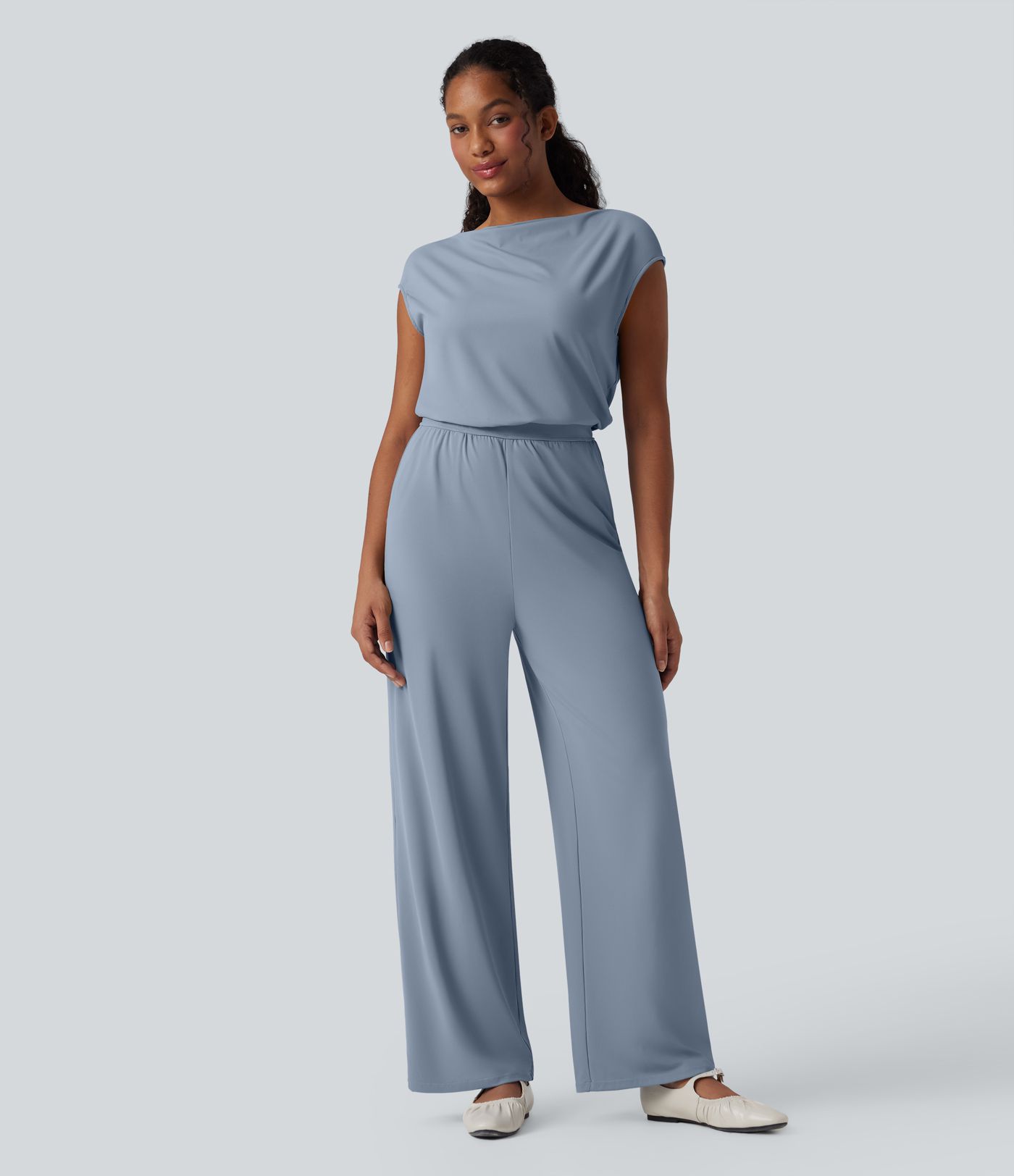 SoftlyZero™ Airy Cowl Neck Cap Sleeve Straight Leg Cool Touch Casual Jumpsuit with Pockets