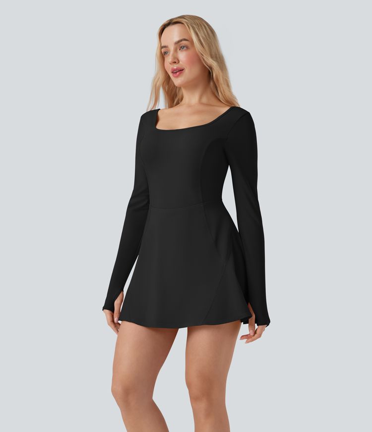 SoftlyZero™ Airy U Neck Long Sleeve Thumb Hole 2-in-1 Cool Touch Mini Dance Active Dress with Pockets-Easy Peezy