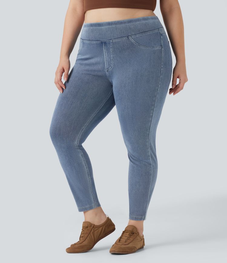 Halara Flex™ Plus Size Jeans Jeggings aus elastischem Strick-Denim mit hohem Bund und Gesäßtaschen
