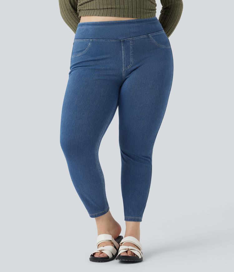 Halara Flex™ Plus Size Jeans Jeggings aus elastischem Strick-Denim mit hohem Bund und Gesäßtaschen