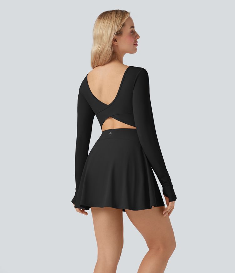 Noir SoftlyZero™ léger à encolure en U, manches longues avec ouverture pour le pouce, 2‑en‑1, toucher frais, mini robe active de danse avec poches — simple / 1
