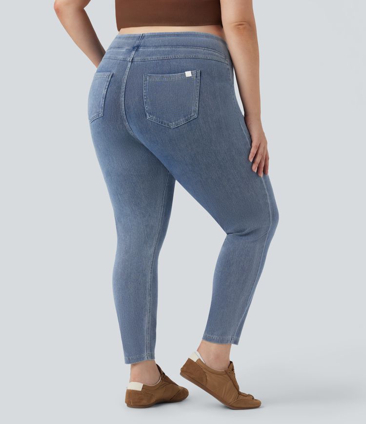 Halara Flex™ Plus Size Jeans Jeggings aus elastischem Strick-Denim mit hohem Bund und Gesäßtaschen