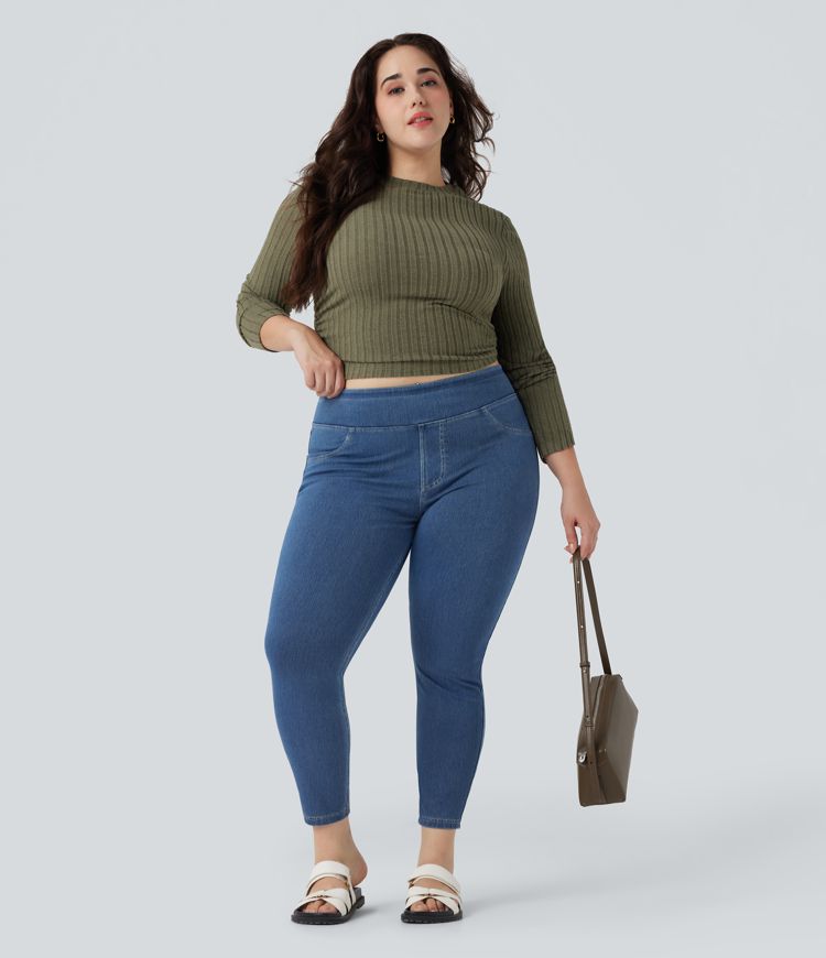 Halara Flex™ Plus Size Jeans Jeggings aus elastischem Strick-Denim mit hohem Bund und Gesäßtaschen