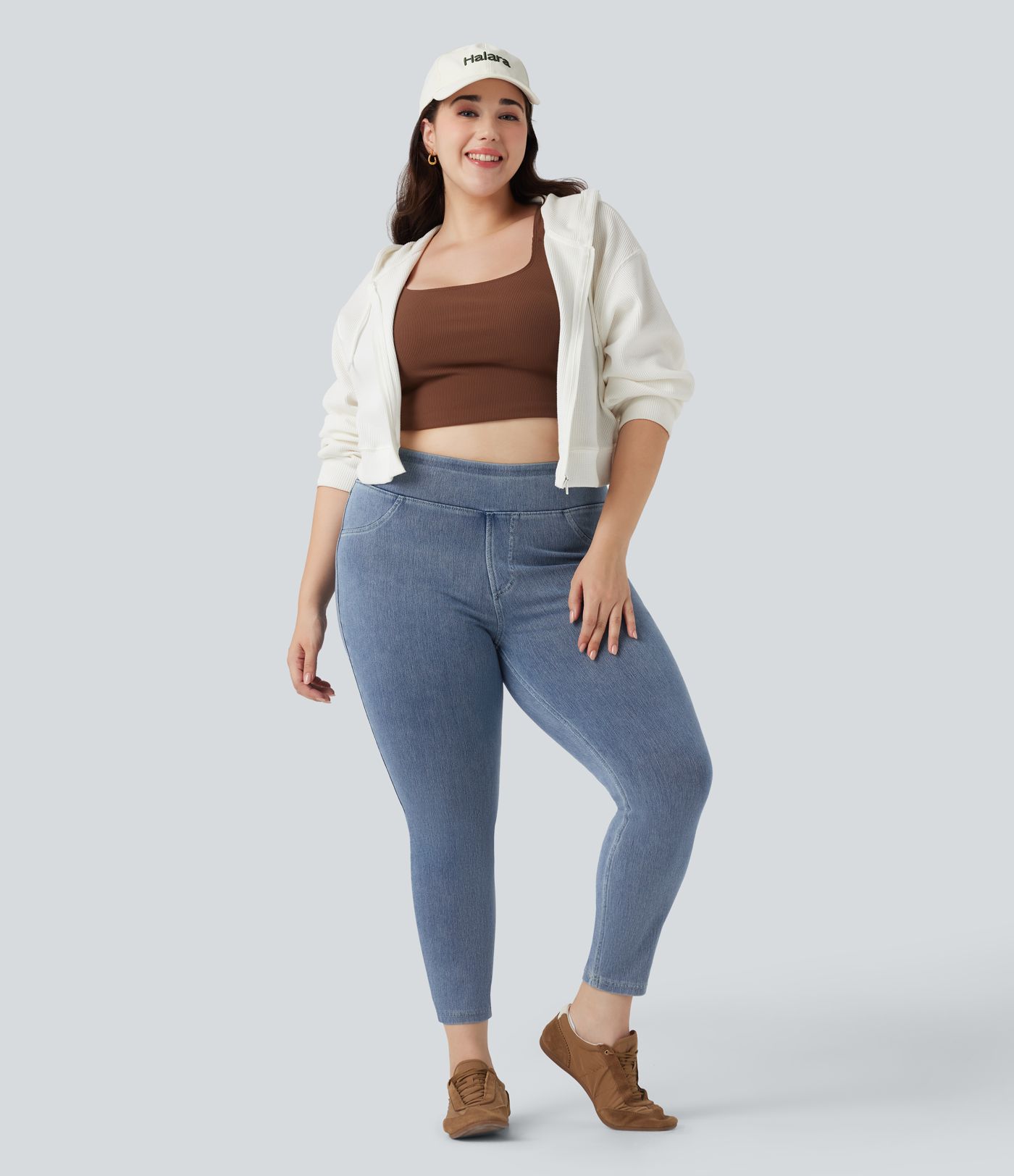 Halara Flex™ Plus Size Jeans Jeggings aus elastischem Strick-Denim mit hohem Bund und Gesäßtaschen