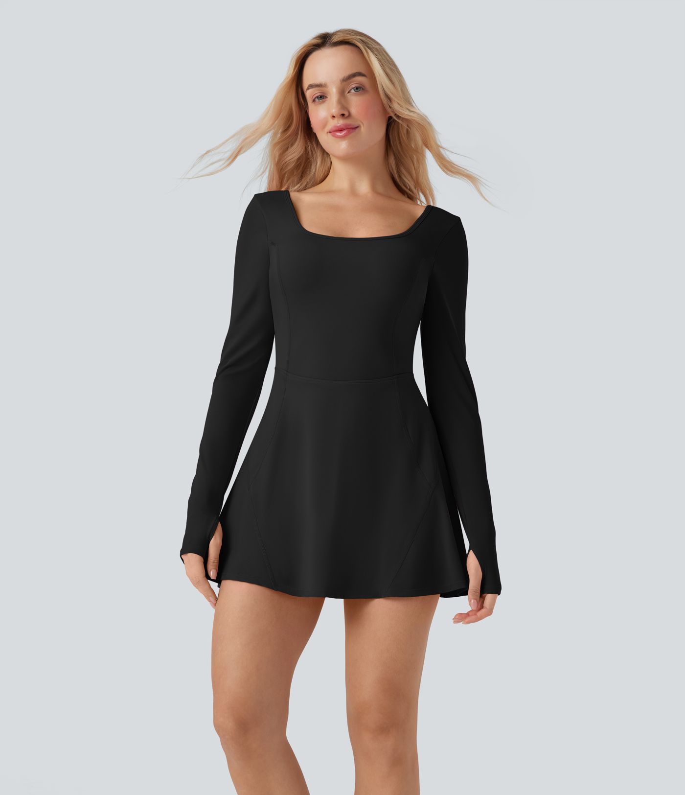 SoftlyZero™ Airy U Neck Long Sleeve Thumb Hole 2-in-1  Mini Dance Active Dress with Pockets-Easy Peezy