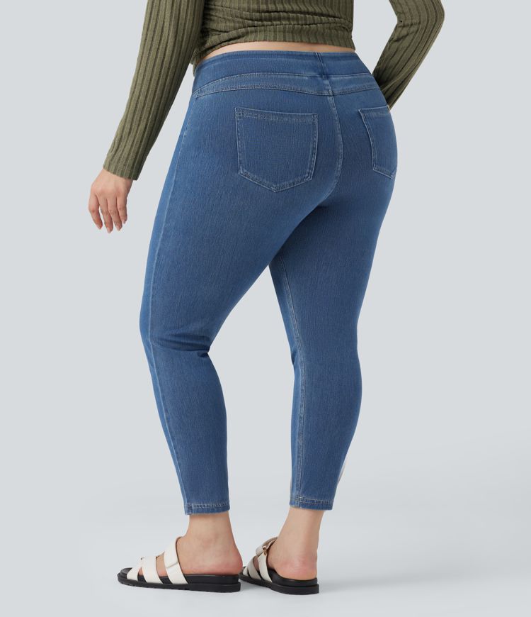 Halara Flex™ Plus Size Jeans Jeggings aus elastischem Strick-Denim mit hohem Bund und Gesäßtaschen