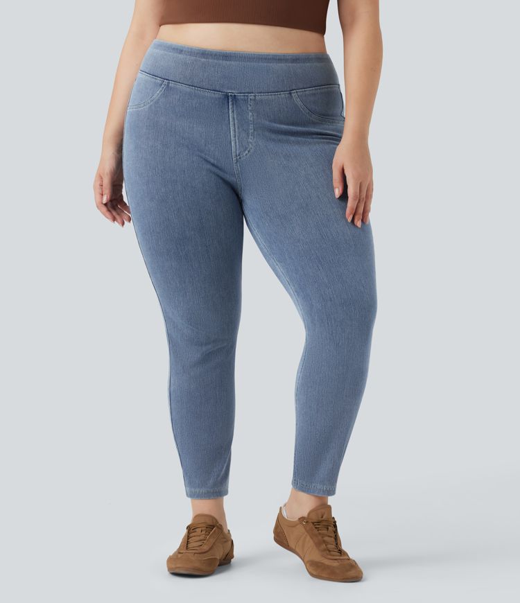 Halara Flex™ Plus Size Jeans Jeggings aus elastischem Strick-Denim mit hohem Bund und Gesäßtaschen
