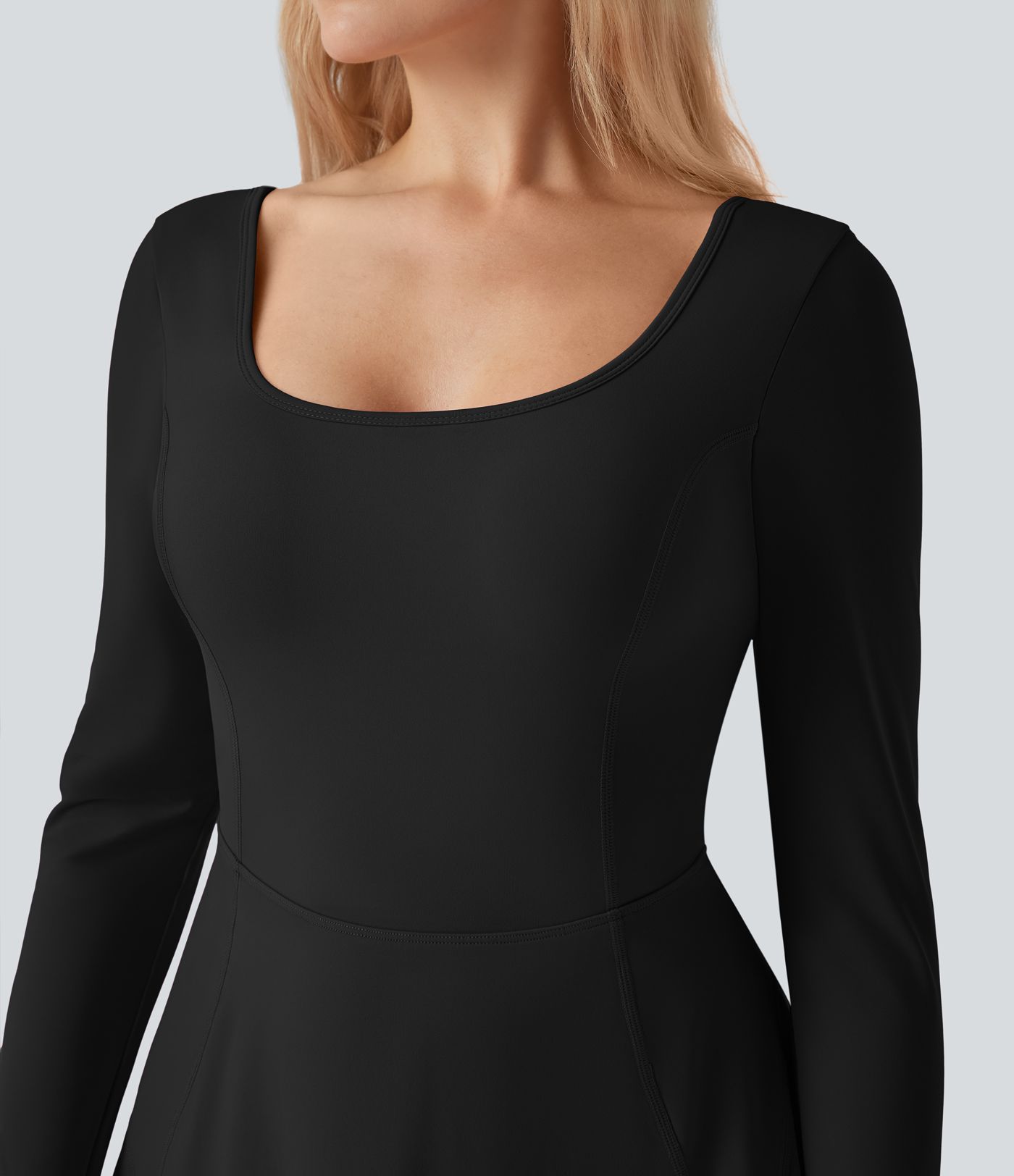 SoftlyZero™ Airy U Neck Long Sleeve Thumb Hole 2-in-1  Mini Dance Active Dress with Pockets-Easy Peezy