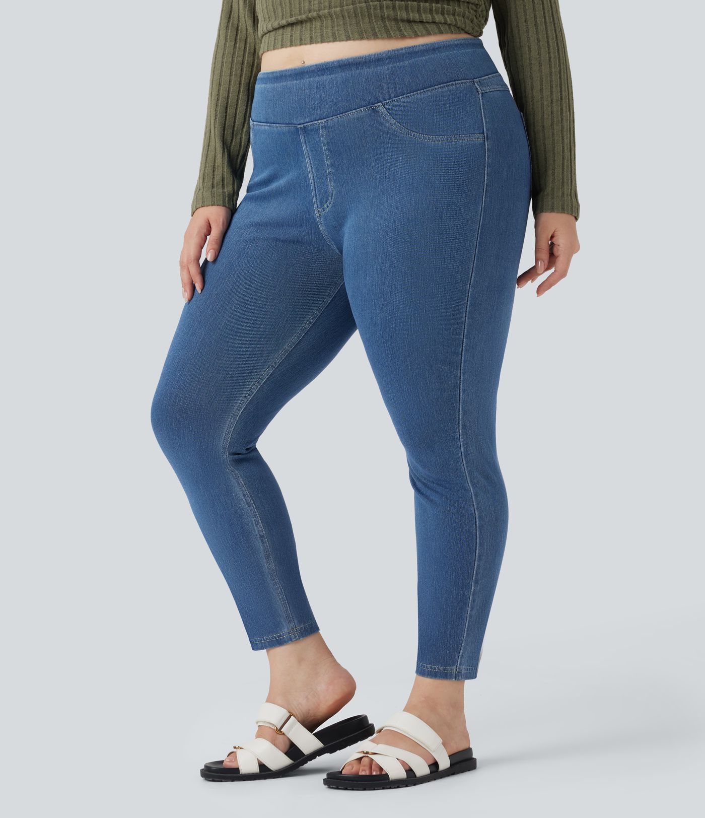Halara Flex™ Plus Size Jeans Jeggings aus elastischem Strick-Denim mit hohem Bund und Gesäßtaschen
