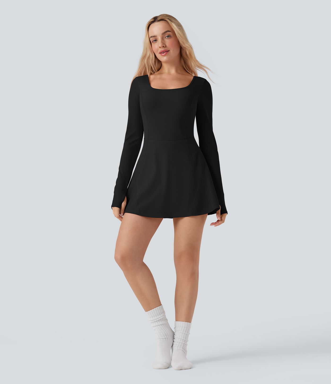 SoftlyZero™ Airy U Neck Long Sleeve Thumb Hole 2-in-1  Mini Dance Active Dress with Pockets-Easy Peezy