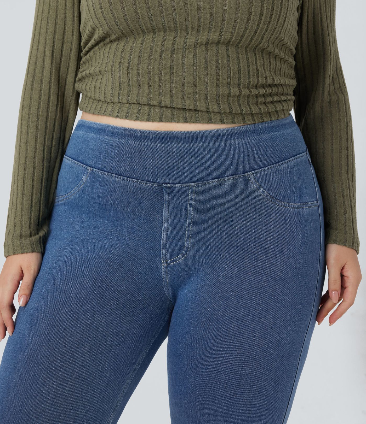 Halara Flex™ Plus Size Jeans Jeggings aus elastischem Strick-Denim mit hohem Bund und Gesäßtaschen