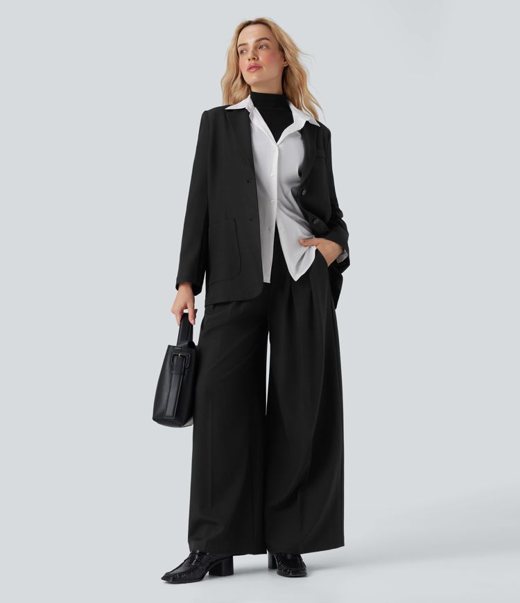 Notched Collar Long Sleeve Work Linen-Feel Blazer with Pockets