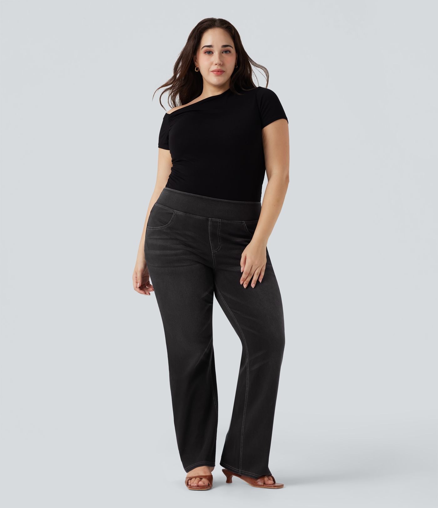 Halara Flex™ High Waisted Pockets Washed Denim Casual Bootcut Plus Size Women Straight Jeans