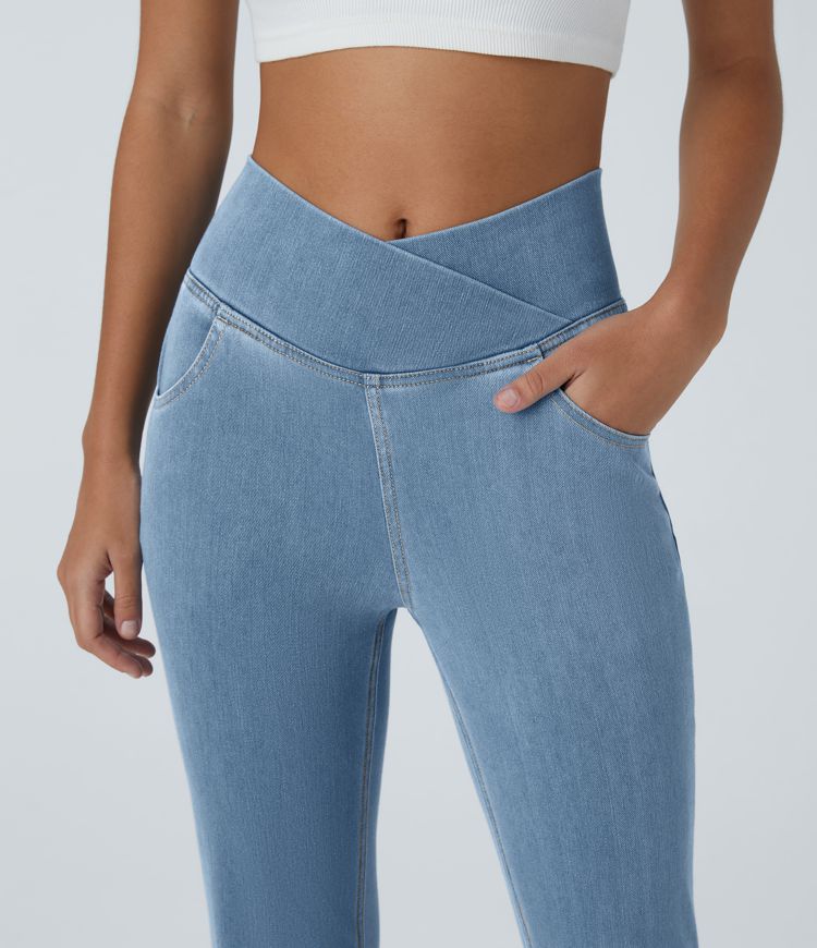 Halara Flex™ - Jean Ultra Evasé Tricot Extensible Lavé Poches Croisées Taille Haute