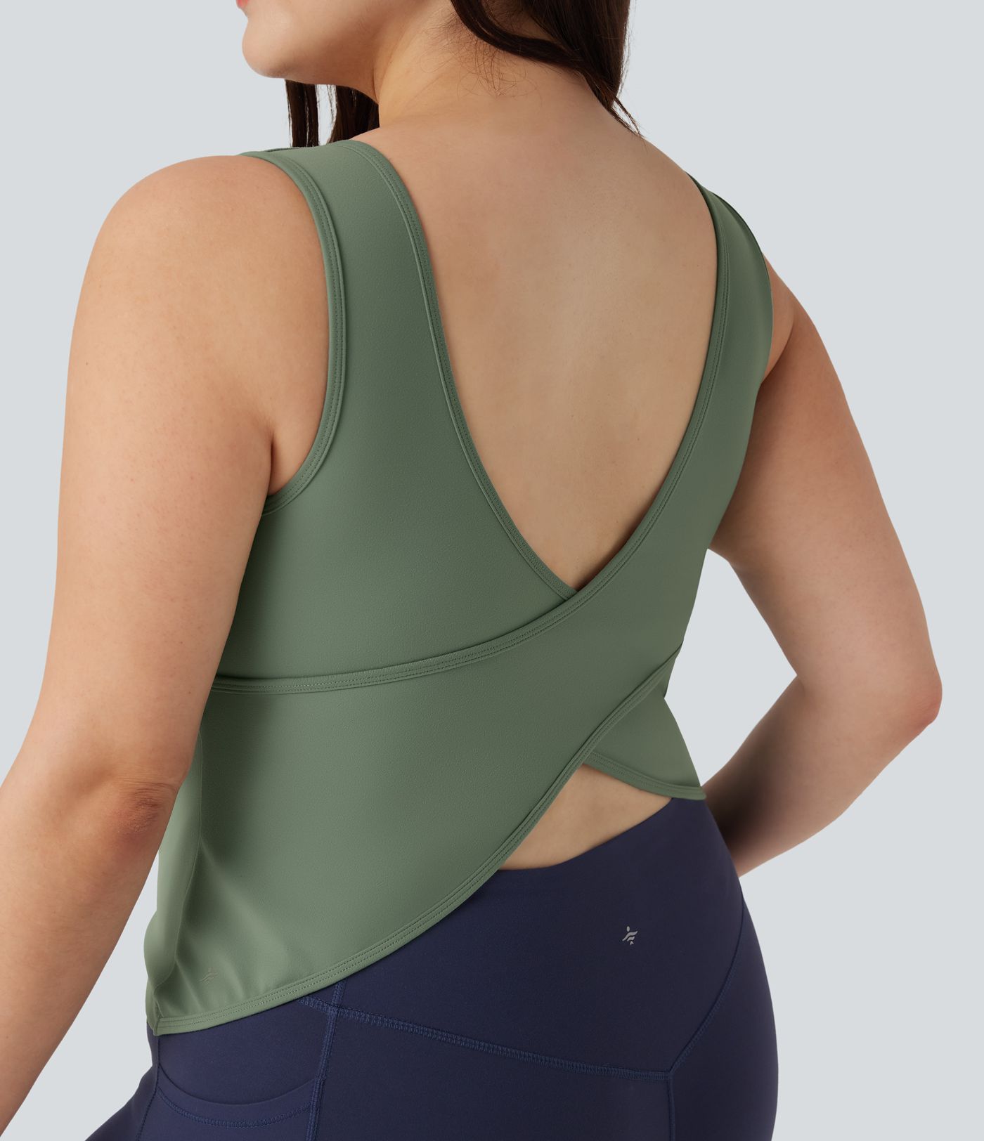 Plus Size U Neck Crossover Yoga Tank Top-Longer Length