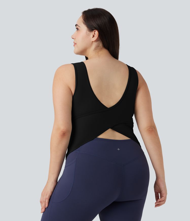 Plus Size U Neck Crossover Yoga Tank Top-Longer Length