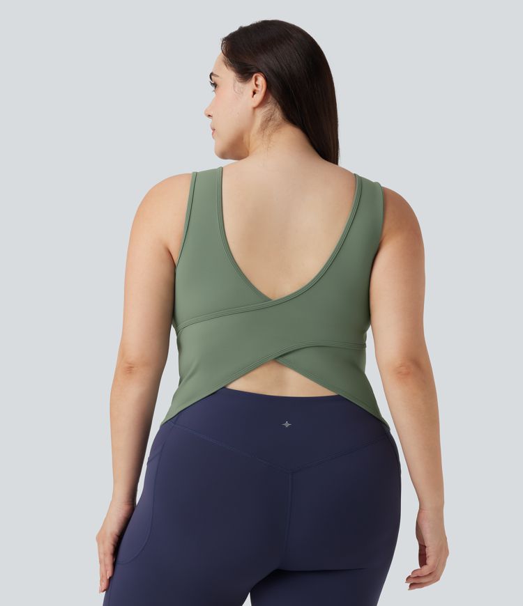 Plus Size U Neck Crossover Yoga Tank Top-Longer Length