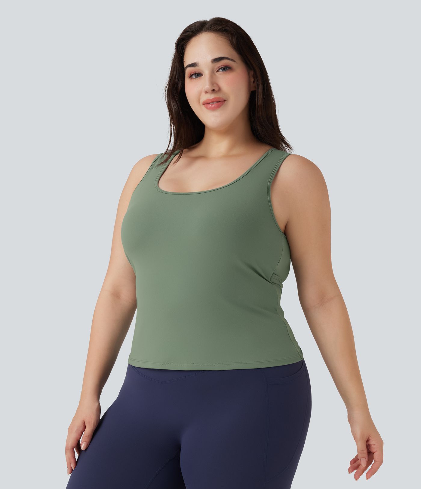 Plus Size U Neck Crossover Yoga Tank Top-Longer Length