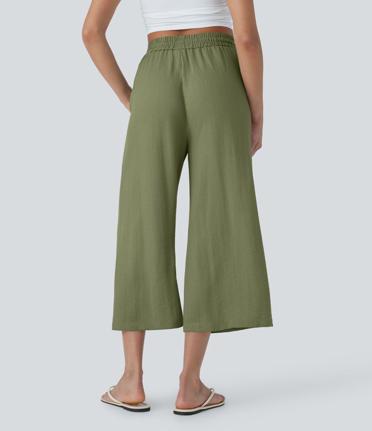 High Waisted Drawstring Wide Leg Cropped Casual Linen-Feel Pants with Pockets